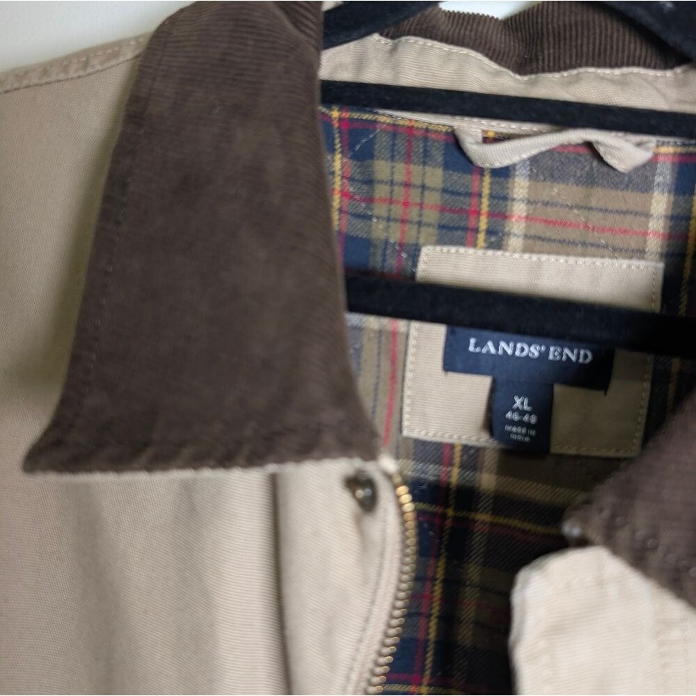 Vintage 90s Lands End Barn Jacket XL Tan Canvas Plaid Lined Chore Coat Dadcore - Picture 12 of 16